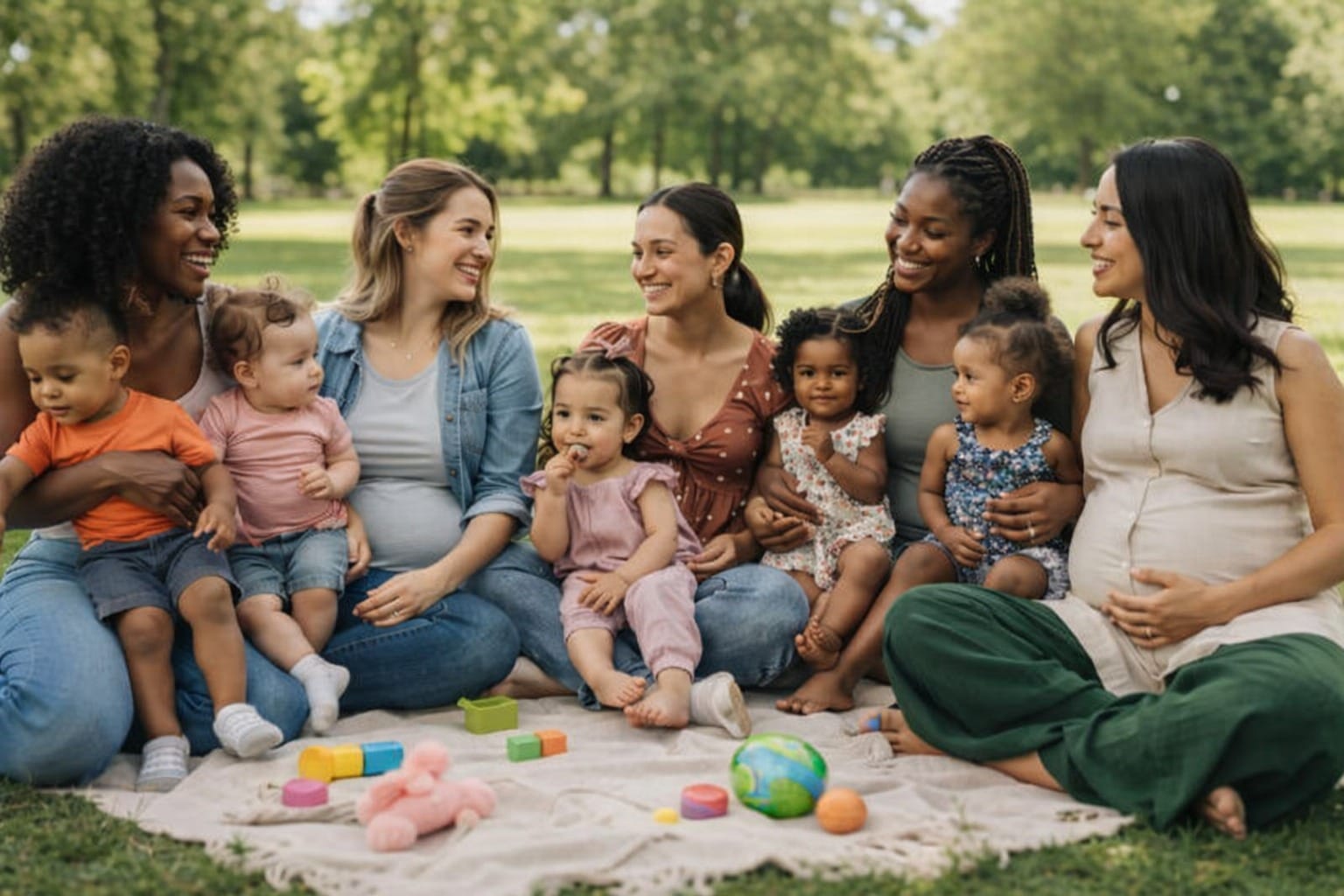A diverse group of mums and their babies enjoying a picnic together in the park