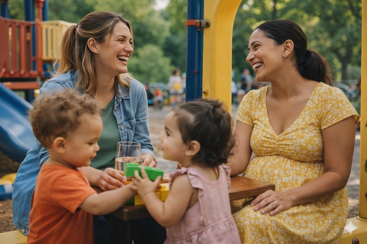Two mums chatting at a playground while their toddlers play together