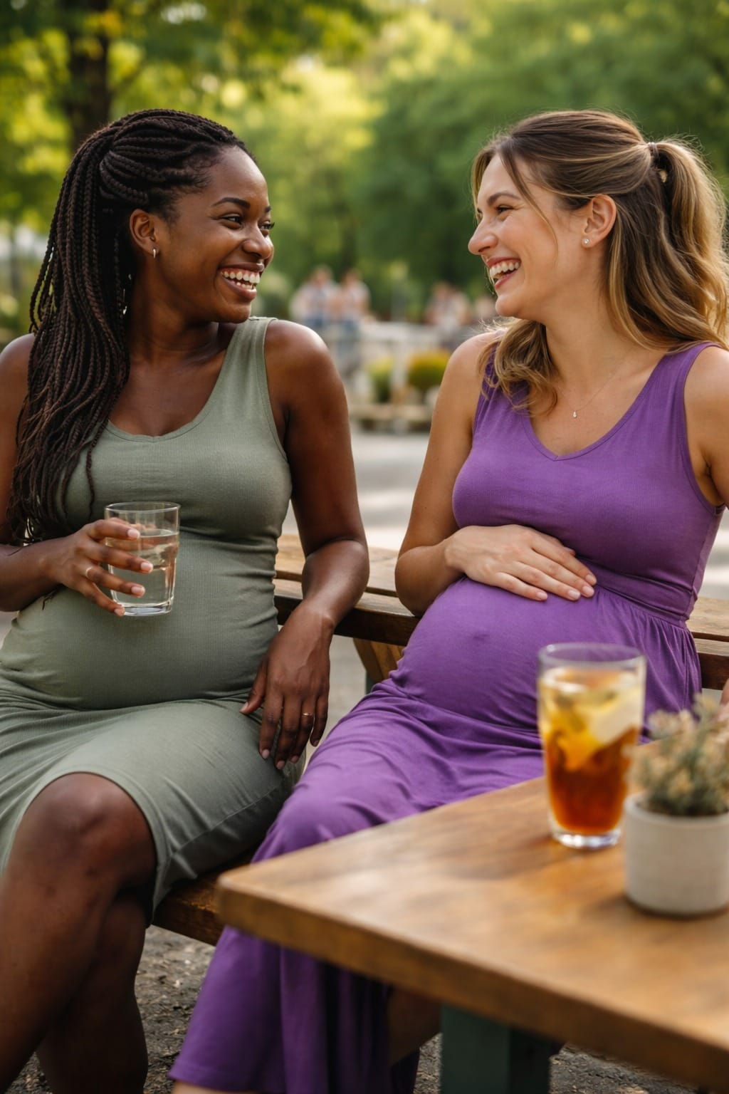 Two expectant mums laughing together at an outdoor cafe
