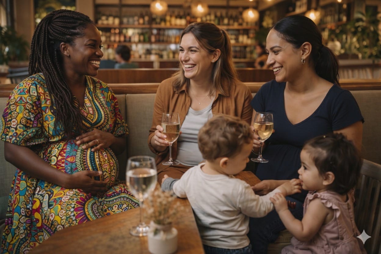 Three mums enjoying an evening out together with their little ones